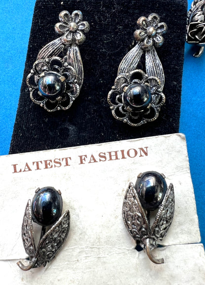 5 Pairs of Vintage Black Glass Clip On Earrings...Perfect for Halloween Costumes