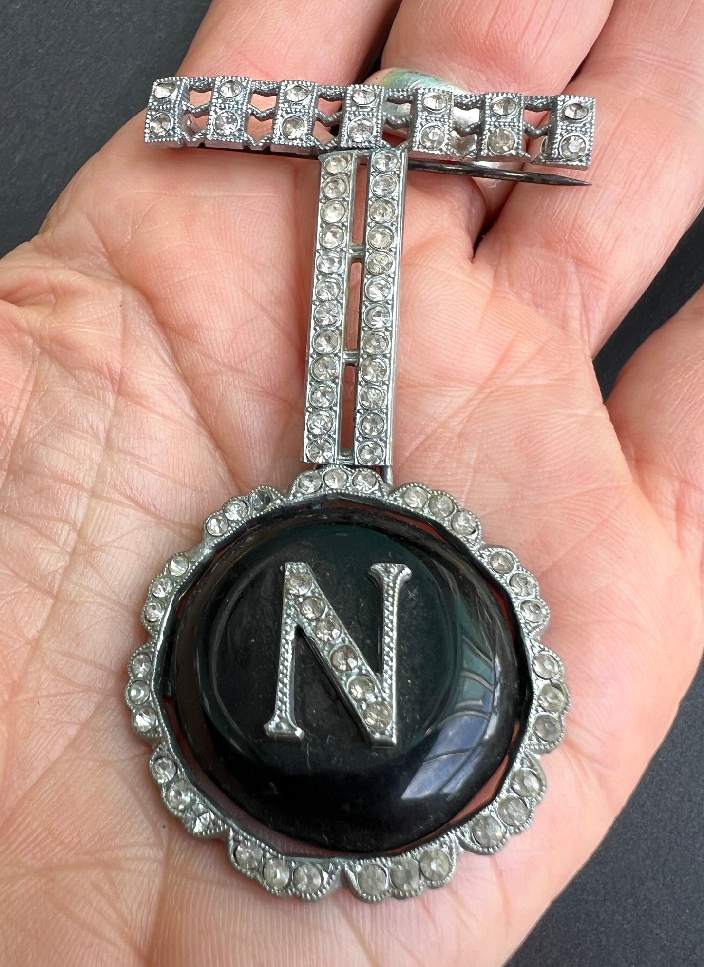 1930s Chrome and Diamante Initial "N" 7cm Brooch