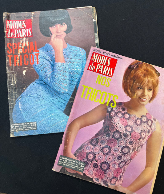 2 French 1960s MODES de PARIS Magazines with Patterns + Knitting