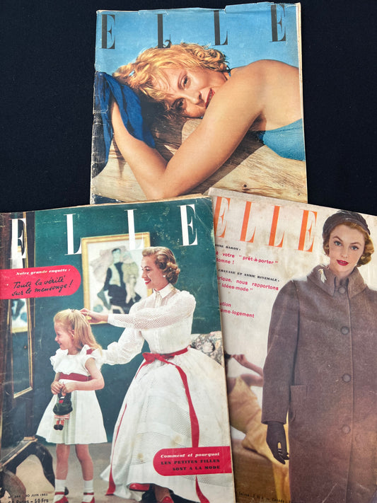 3 French 1950s ELLE Magazines June 1952, June 1953 + July 1955