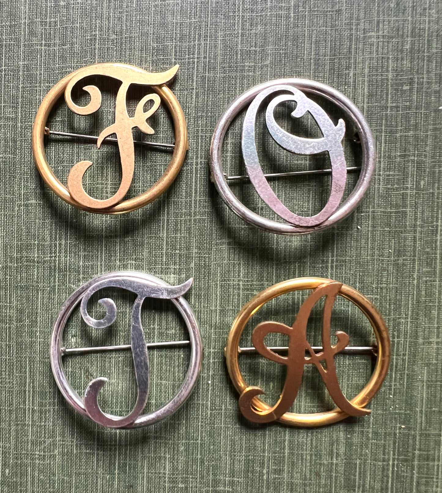 Big 1940s Initial Brooches A, F, O, T.