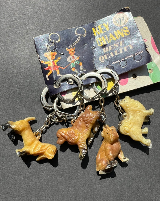 Card of 4 Vintage Dog Key Rings Made in Hong Kong