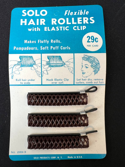 Vintage Sheet of 3 Flexible Hair Rollers with Elastic Clip AND Instructions