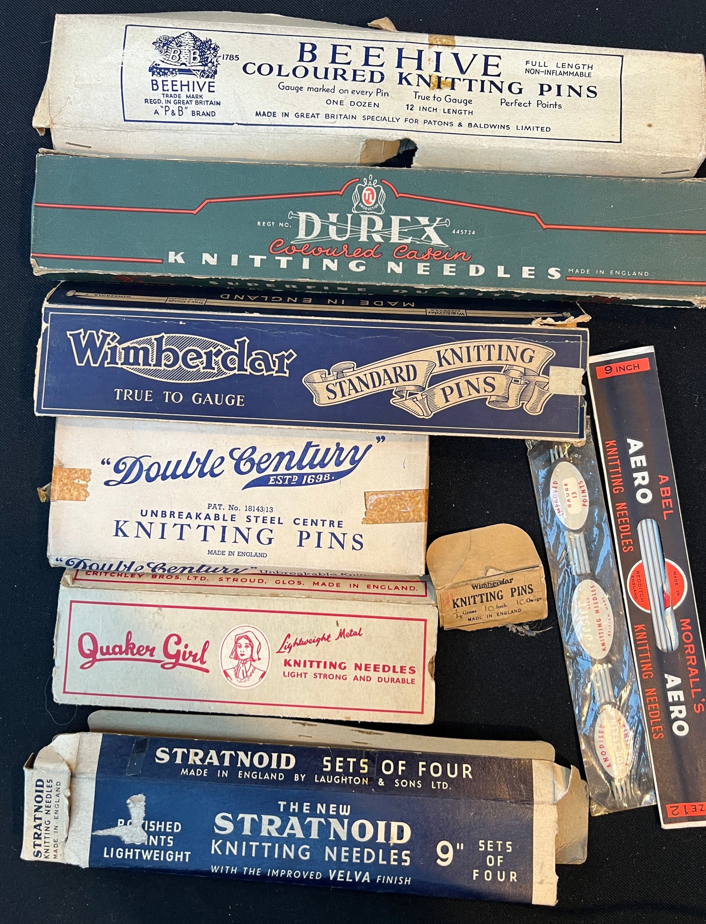 6 Empty Vintage Knitting Needle Boxes and 2 Sets of Needles