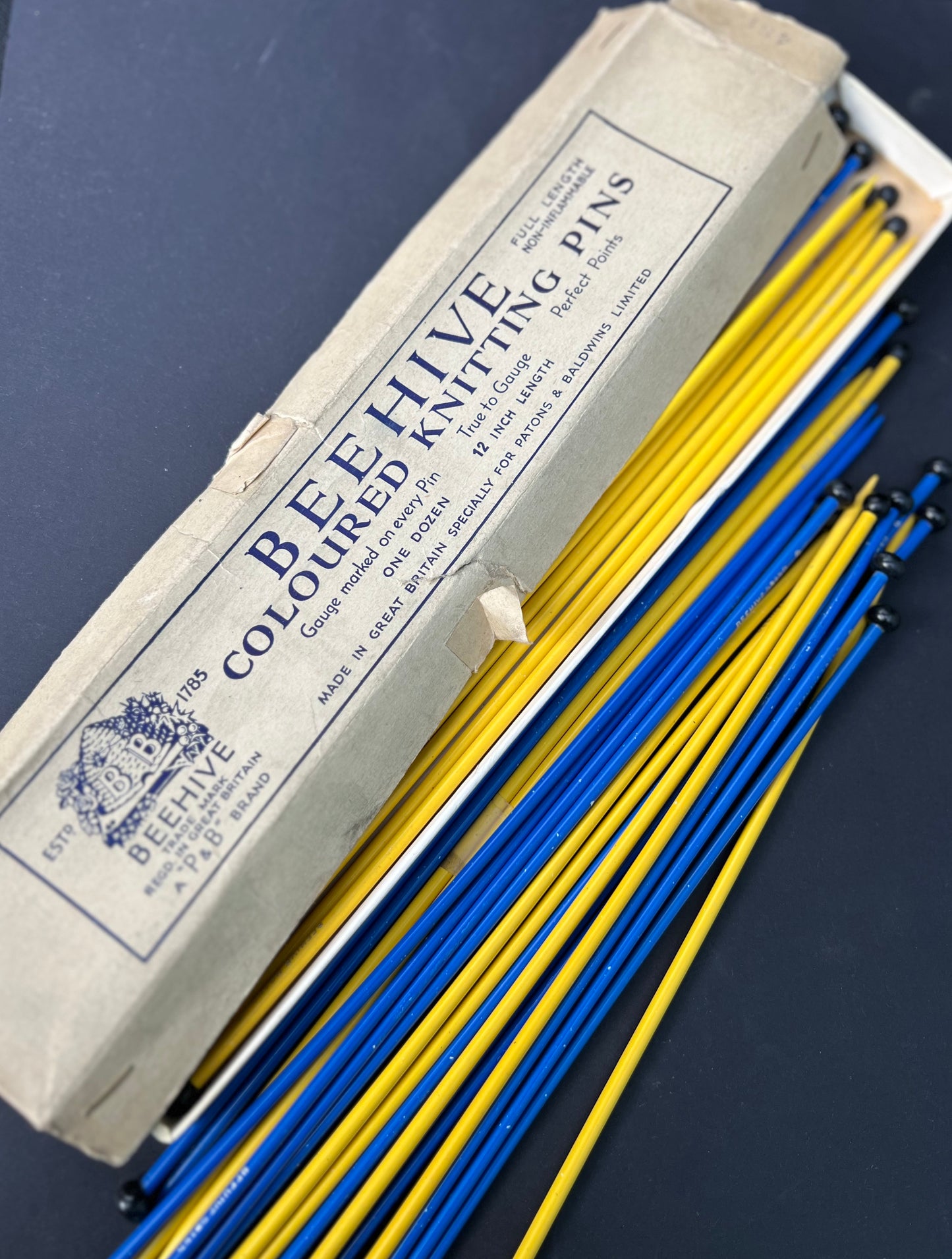 Box of Vintage 12" Gauge 9 BEEHIVE Knitting Pins "Non Inflamable"