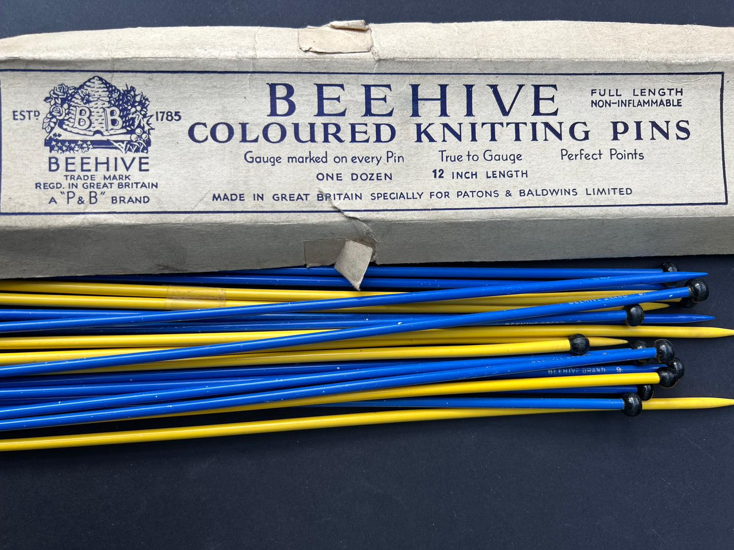 Box of Vintage 12" Gauge 9 BEEHIVE Knitting Pins "Non Inflamable"