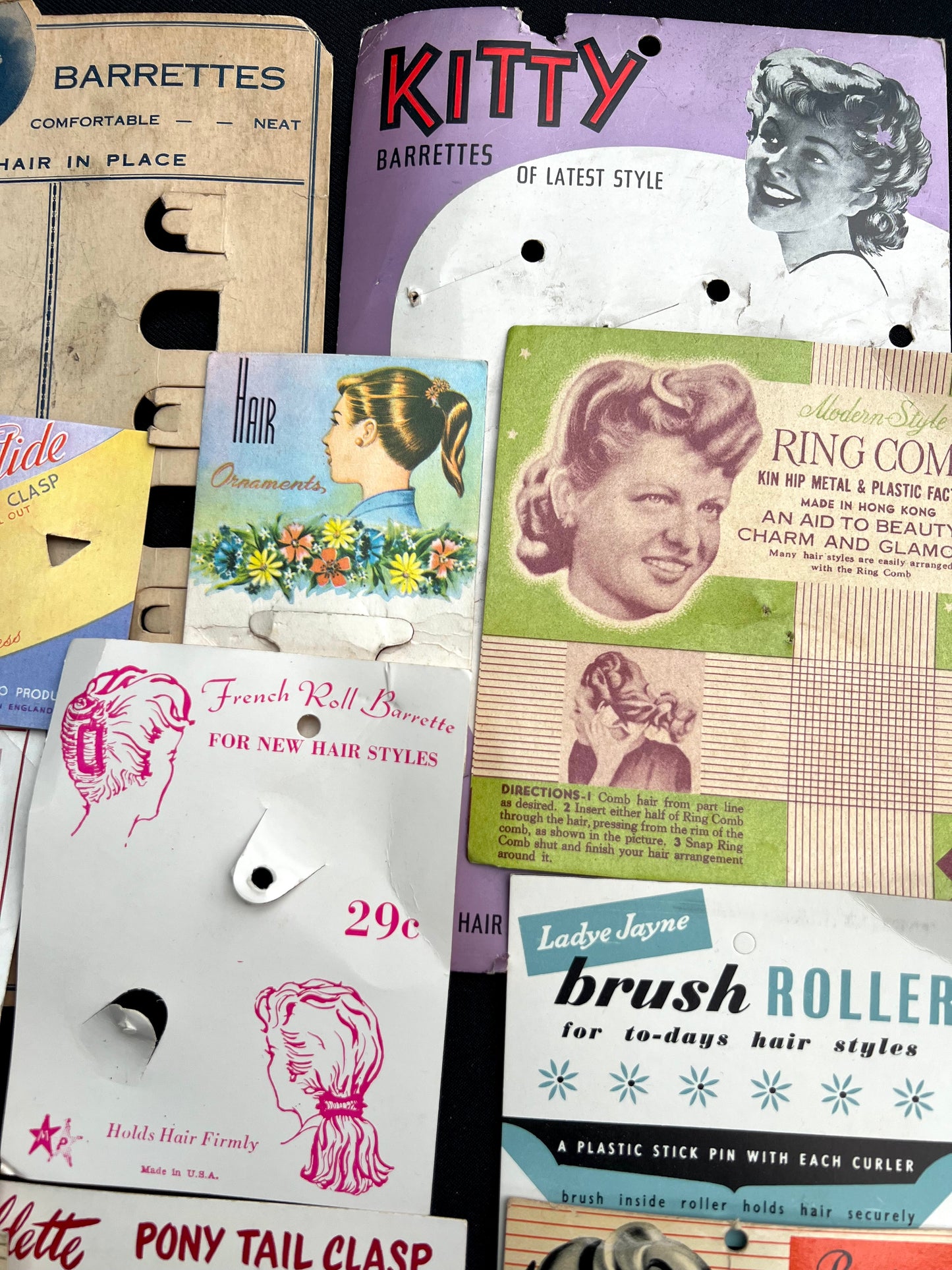 Job Lot of 15 Pieces of Vintage Hair Accessory Packaging 1930s - 60s