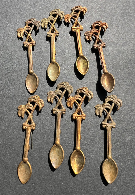 8  Slightly Tarnished 1970s Palm Tree Spoon Brooches