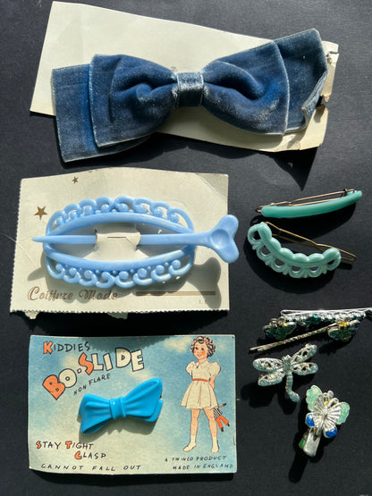 10  Vintage Blue Hair Pins, Clips and Bows.