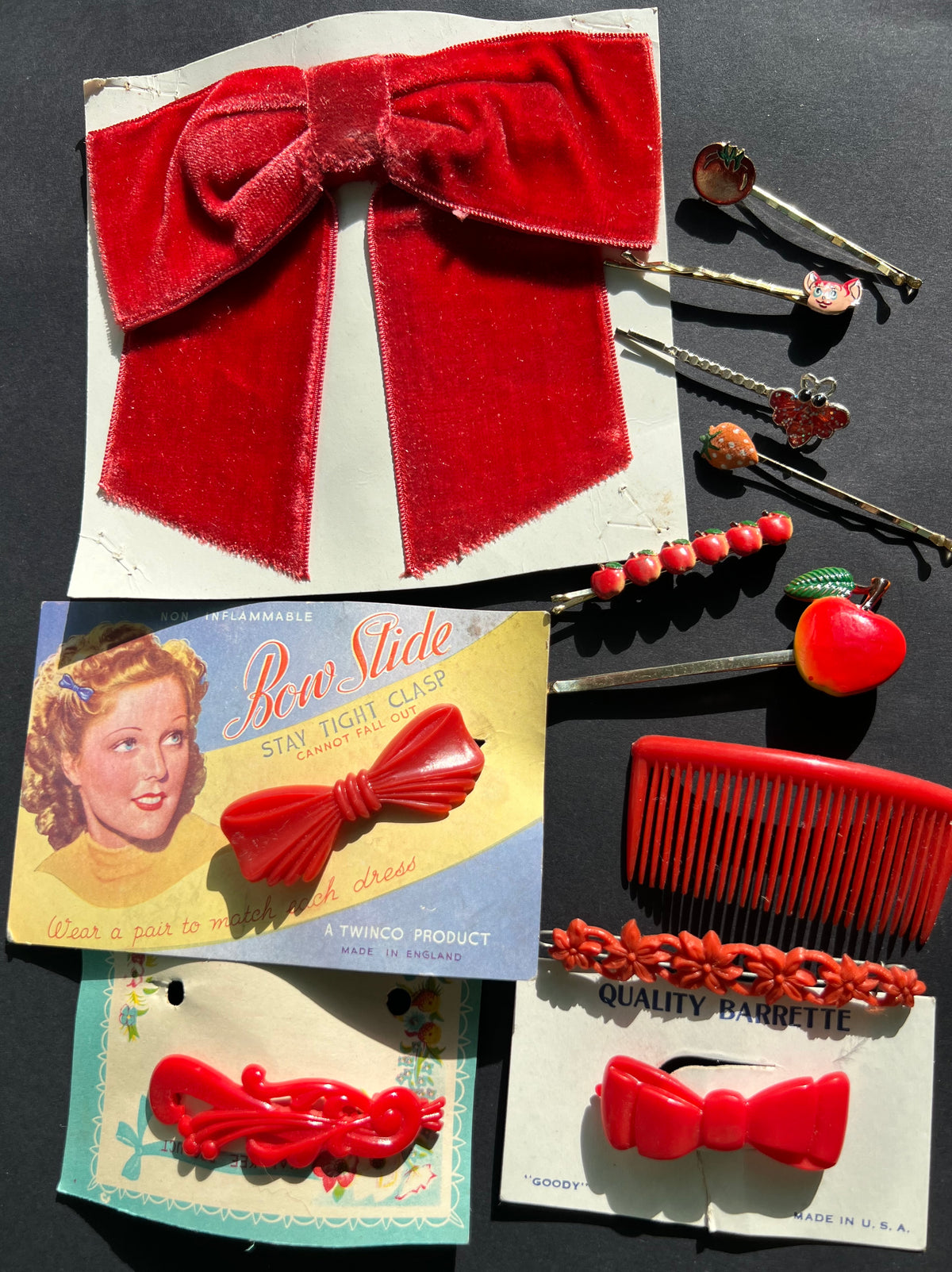 12  Vintage Red Hair Pins, Clips, Bows and Comb.
