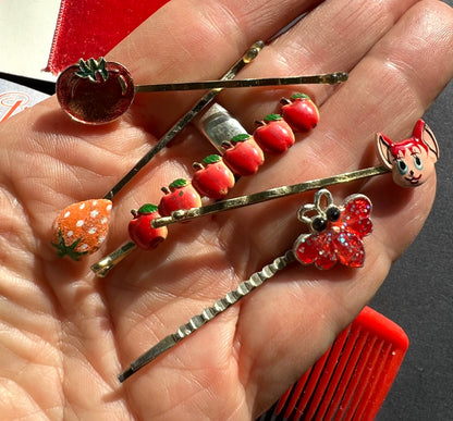 12  Vintage Red Hair Pins, Clips, Bows and Comb.