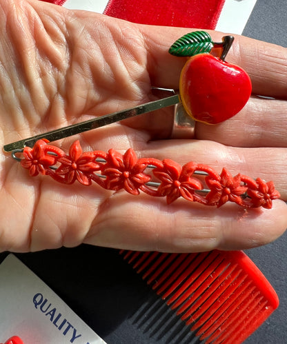 12  Vintage Red Hair Pins, Clips, Bows and Comb.