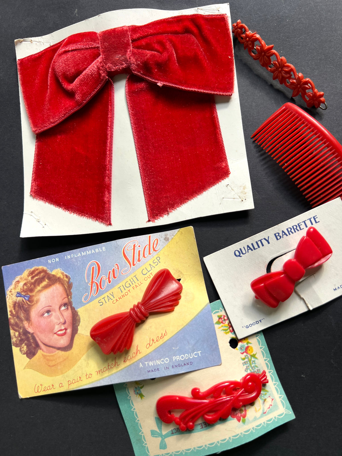 12  Vintage Red Hair Pins, Clips, Bows and Comb.