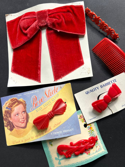 12  Vintage Red Hair Pins, Clips, Bows and Comb.