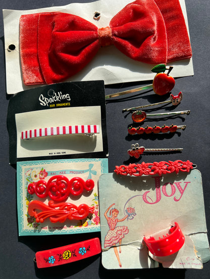 12  Vintage Red Hair Pins, Clips & Bow.