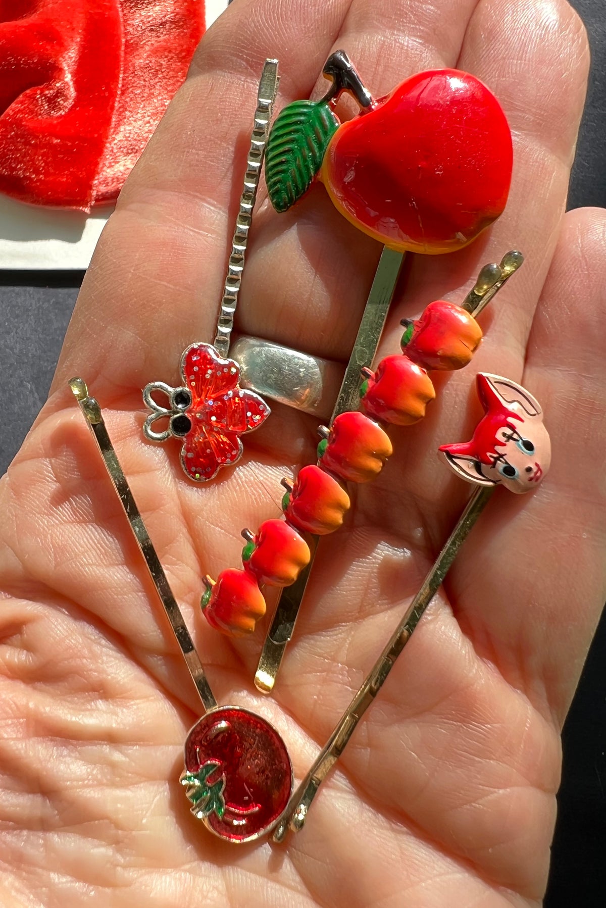 12  Vintage Red Hair Pins, Clips & Bow.