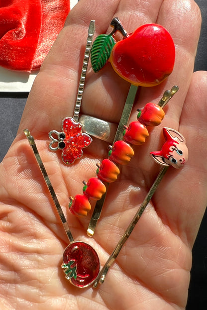 12  Vintage Red Hair Pins, Clips & Bow.