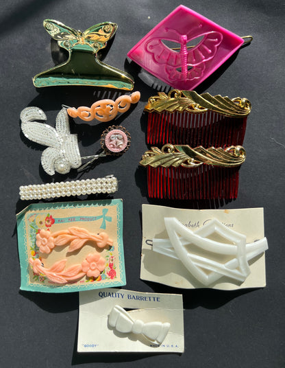 12  Vintage Pink, White Gold & Tortoiseshell Hair Pins, Clips & Combs.