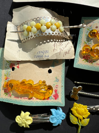 10 Vintage Yellow & Gold Hair Pins, Clips, & Barrette.