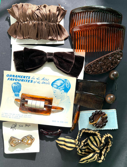 15 Vintage Brown & Tortoiseshell Hair Clips, Barrette, Bows & Combs.