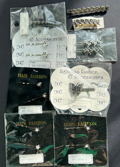14 Vintage 1980/90s Silver & Diamante Hair Pins & Clips.