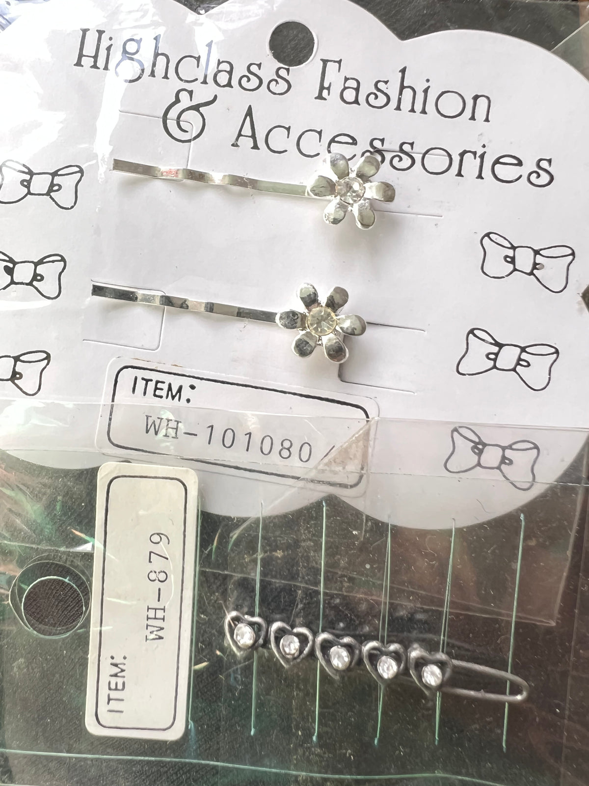 14 Vintage 1980/90s Silver & Diamante Hair Pins & Clips.