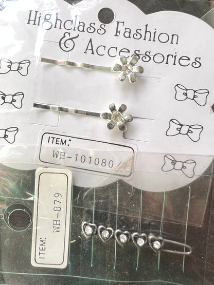 14 Vintage 1980/90s Silver & Diamante Hair Pins & Clips.