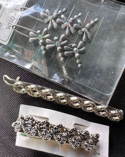 14 Vintage 1980/90s Silver & Diamante Hair Pins & Clips.