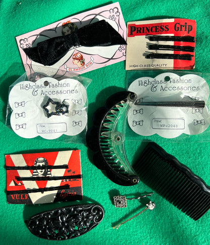 Job Lot of Vintage Black Hair Pins, Clips & Bow.