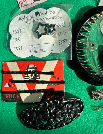 Job Lot of Vintage Black Hair Pins, Clips & Bow.