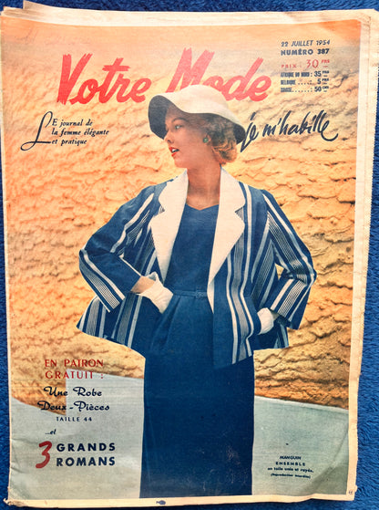 22nd July 1954 French Women's Magazine Votre Mode incl.Dress Pattern and  Holiday Lingerie !