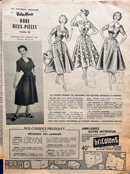 22nd July 1954 French Women's Magazine Votre Mode incl.Dress Pattern and  Holiday Lingerie !