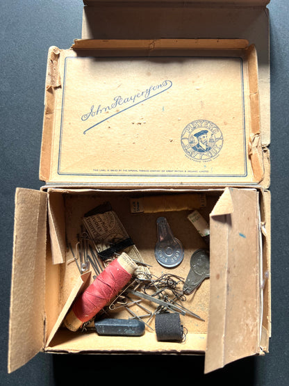 Vintage Players 100 Cigarettes Box with Christmas Outer Wrapper & Sewing Items Inside.