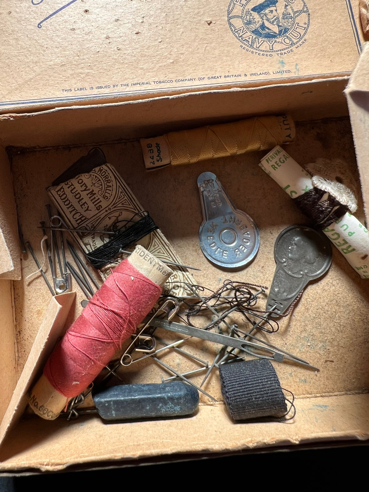 Vintage Players 100 Cigarettes Box with Christmas Outer Wrapper & Sewing Items Inside.