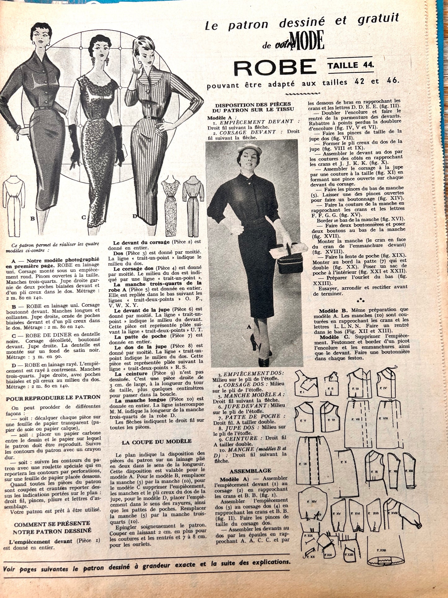 8th November 1956 French Magazine Votre Mode incl. Dress Pattern