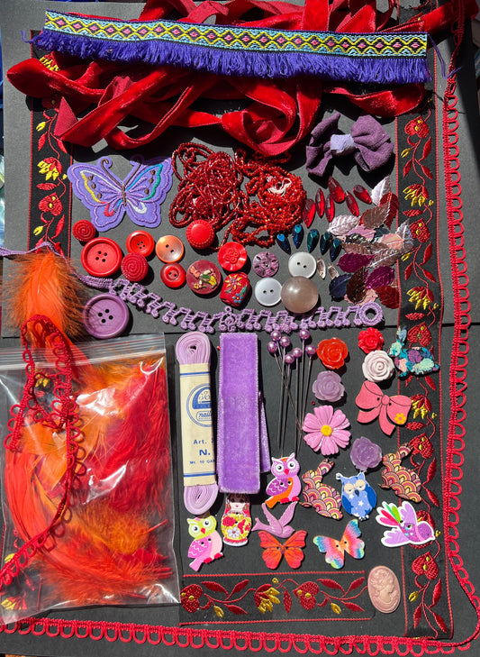 Red and Lilac Vintage Craft Pack Including Swarovski Glass Beads, Trim, Buttons, Appliques etc