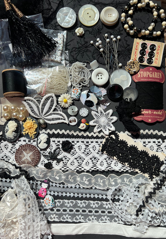 Black and White Vintage Craft Pack Including Swarovski Glass Beads, Trim, Buttons, Appliques, Pins etc
