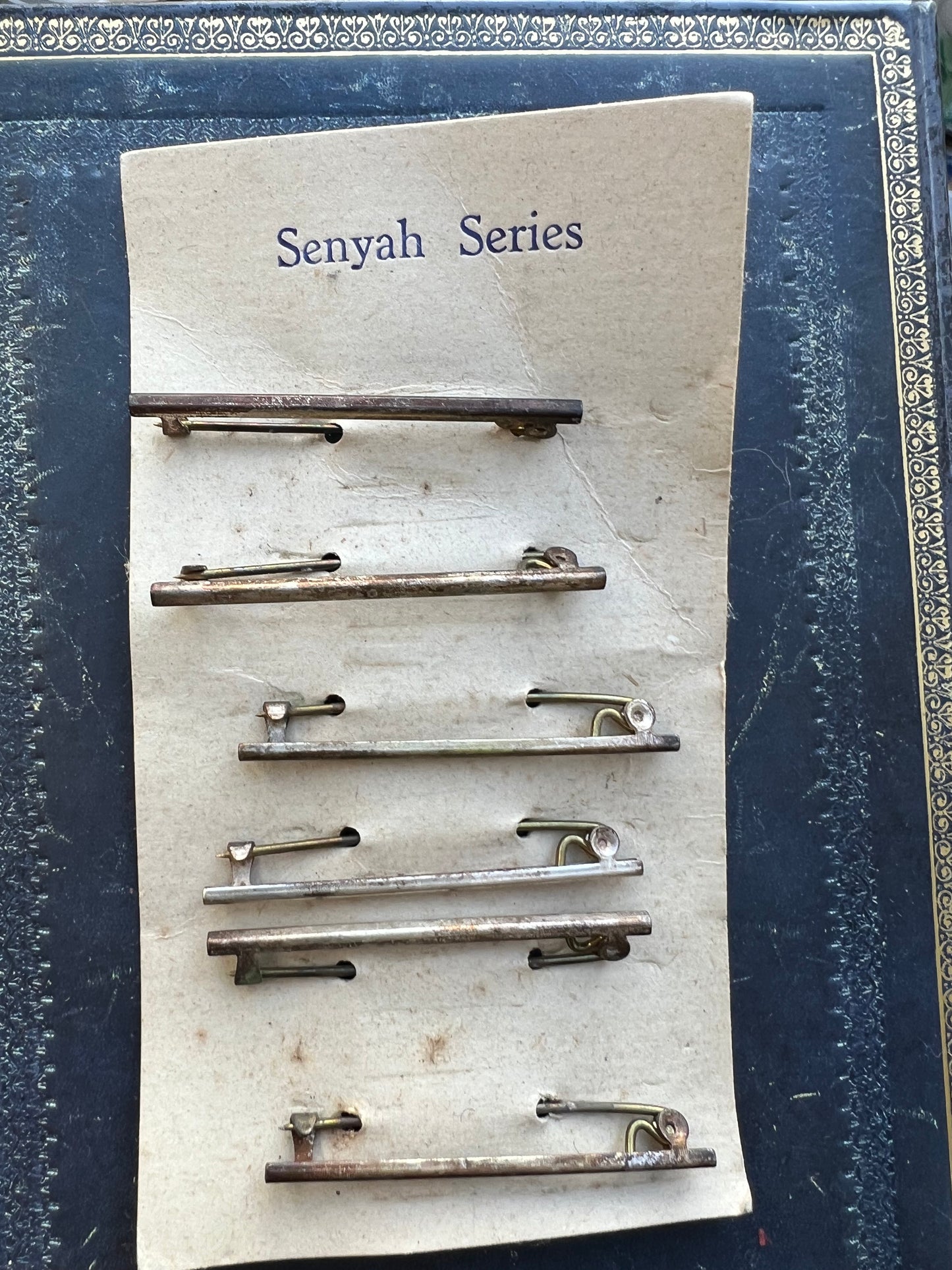 Card of 6 Vintage Silver Tone Bar Brooches/ Safety Pins - need polishing !