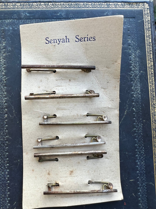 Card of 6 Vintage Silver Tone Bar Brooches/ Safety Pins - need polishing !