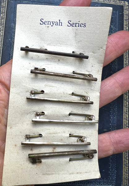 Card of 6 Vintage Silver Tone Bar Brooches/ Safety Pins - need polishing !