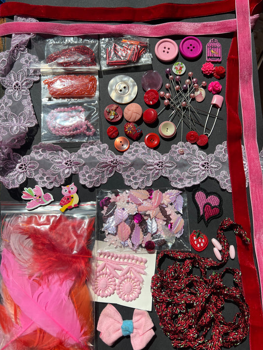Red and Pink Vintage Craft Pack Including Swarovski Glass Beads, Trim, Buttons, Appliques, Sequins etc