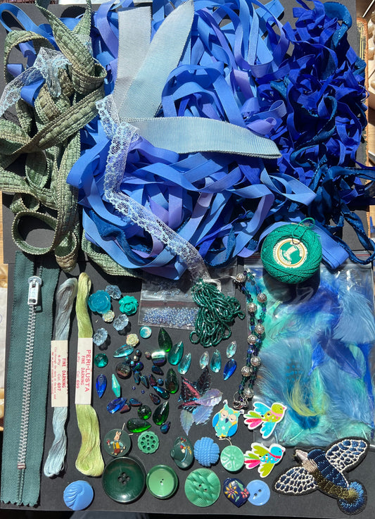 Green and Blue Vintage Craft Pack 2. incl Swarovski Glass Beads & Cabochons, Sequins etc