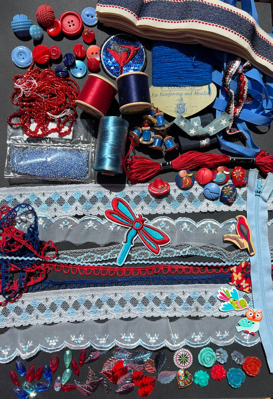 Red and Blue Vintage Craft Pack incl Swarovski Glass Beads & Cabochons, Sequins, Trim