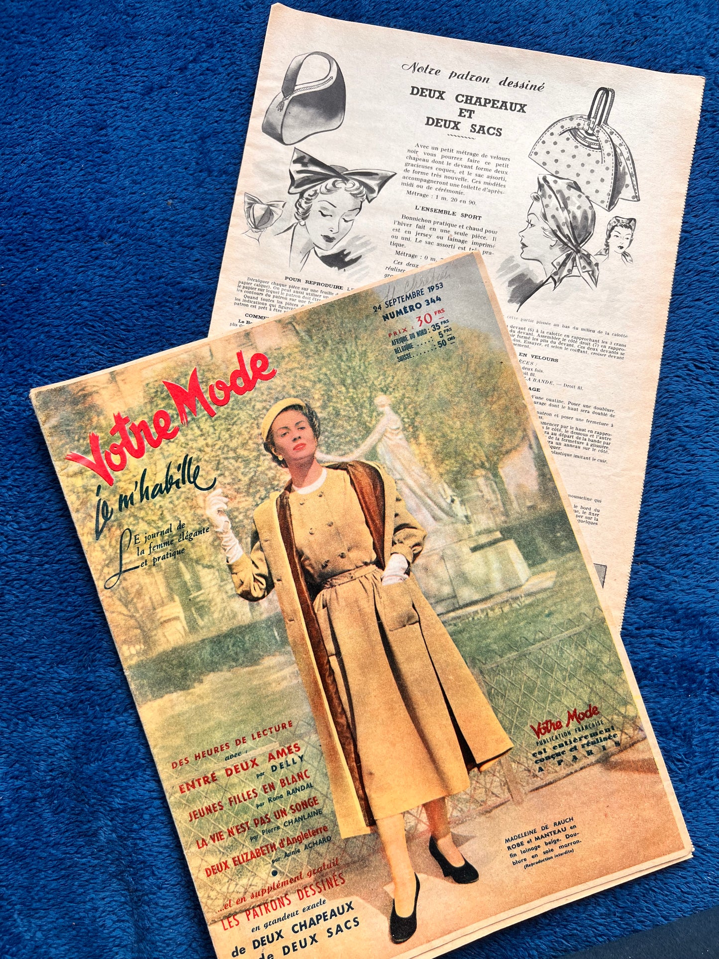 24th September 1953 French Women's Magazine Votre Mode incl. Hats and Bags Pattern