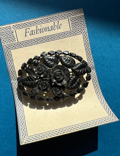 Most Appealing 1930s Pressed Black Glass Floral Brooch