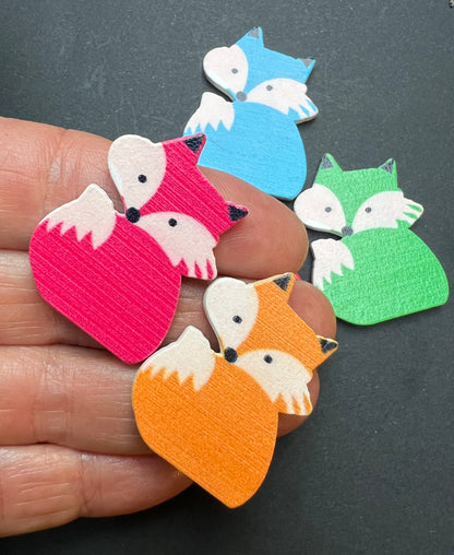 4 or 5 Wooden Flat Back 3.5cm Colourful Foxes