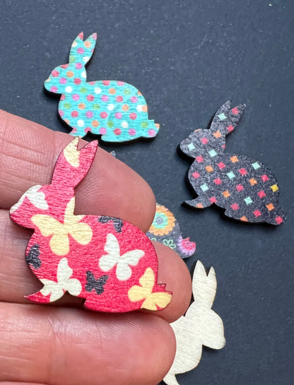 7 or 5 Wooden Flat Back 3cm Patterned Rabbits