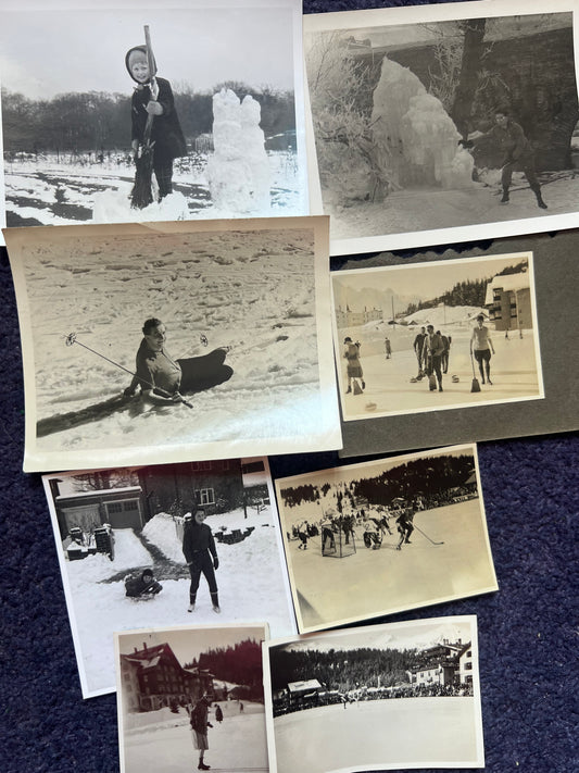 8 Old Photos of Fun in The Snow incl Curling, Skating + Ice Hockey (F10)