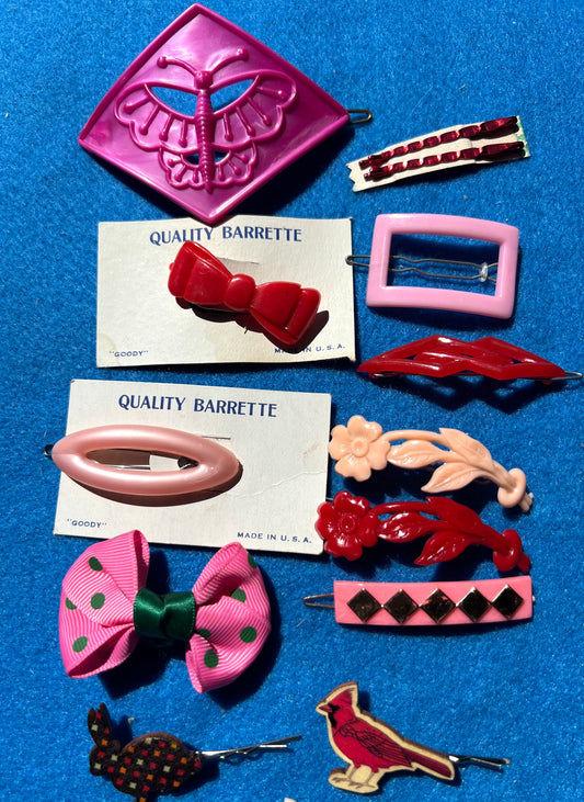 Job Lot of 13 Vintage Red & Pink Hair Clips and Pins