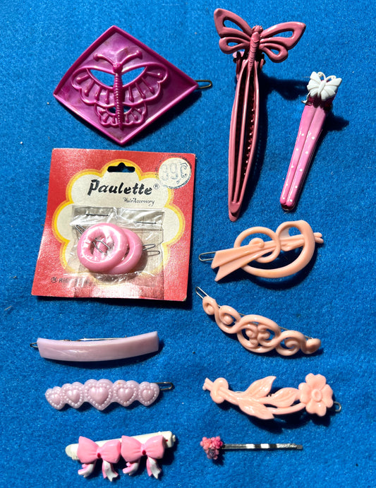 Job Lot of 12 Vintage Pink Hair Clips and Pins